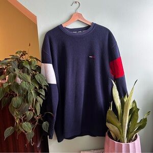 Tommy Hilfiger Vintage Men's Navy Sweater with Red and White Details